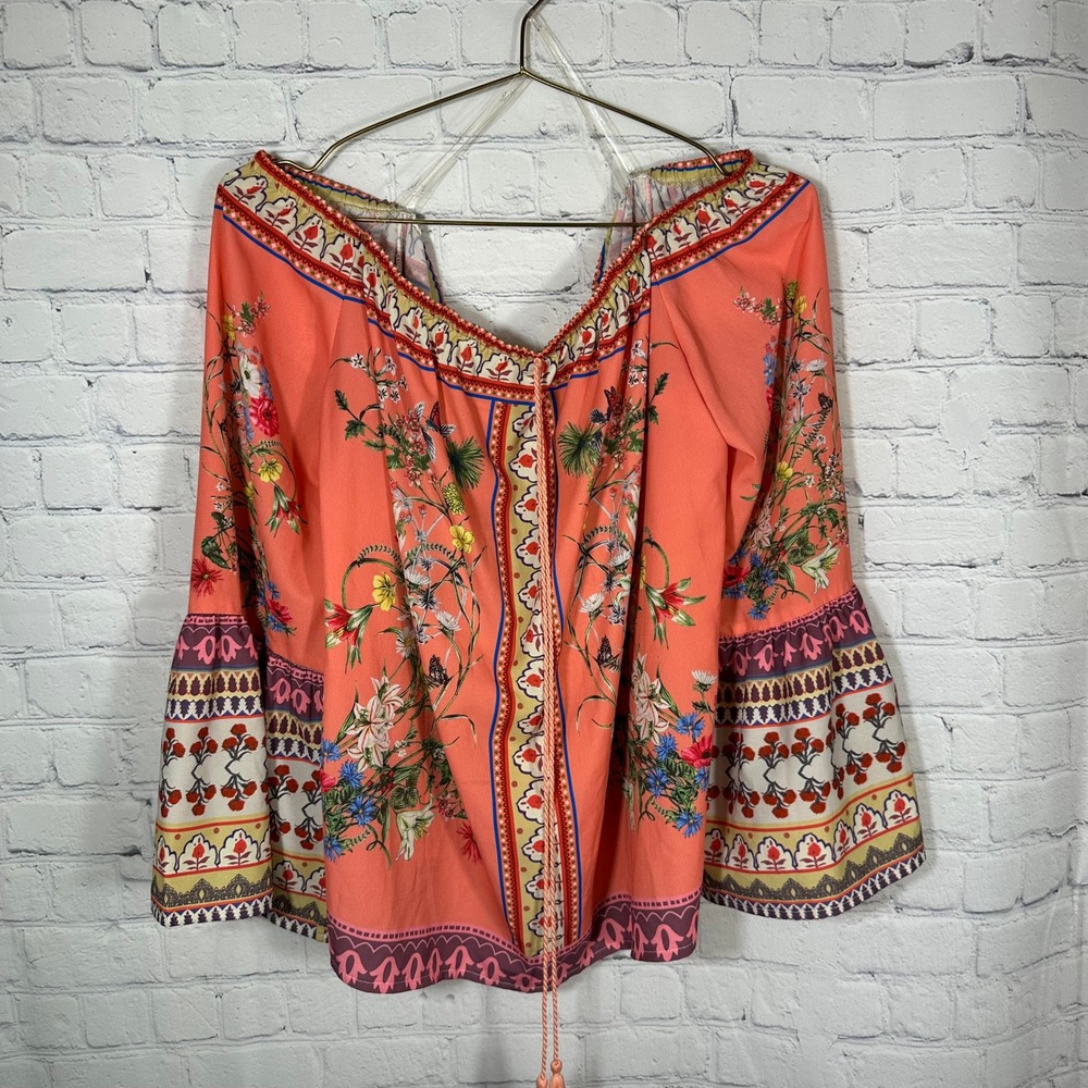 Umgee USA Coral Floral Boho Off The Shoulder Bell Sleeve Tassel Top Large C0378